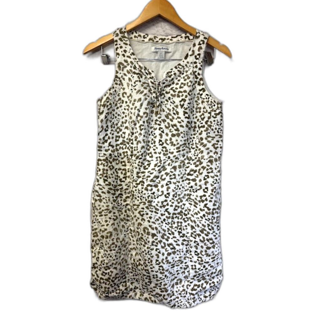 Tommy Bahama Linen Shift Dress Mini Size Small White Cheetah Print Animal resort